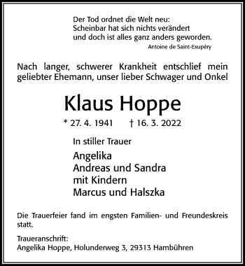 Traueranzeige von Klaus Hoppe von Cellesche Zeitung