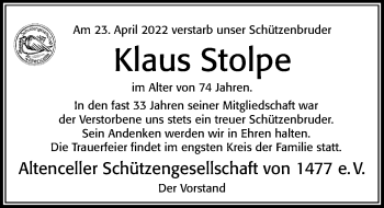 Traueranzeige von Klaus Stolpe von Cellesche Zeitung
