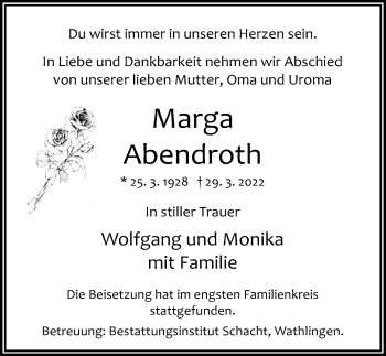 Traueranzeige von Marga Abendroth von Cellesche Zeitung