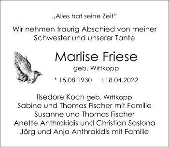 Traueranzeige von Marlise Friese von Cellesche Zeitung