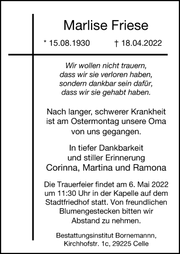 Traueranzeige von Marlise Friese von Cellesche Zeitung