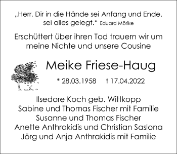 Traueranzeige von Meike Friese-Haug von Cellesche Zeitung