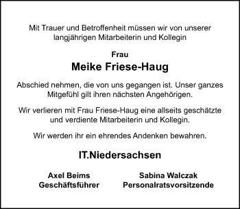Traueranzeige von Meike Friese-Haug von Cellesche Zeitung