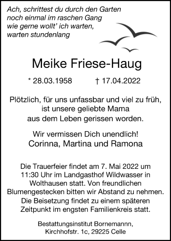 Traueranzeige von Meike Friese-Haug von Cellesche Zeitung