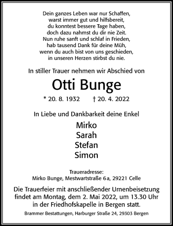 Traueranzeige von Otto Bunge von Cellesche Zeitung