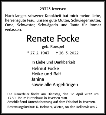 Traueranzeige von Renate Focke von Cellesche Zeitung