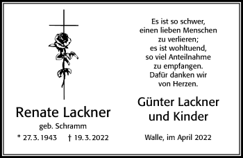 Traueranzeige von Renate Lackner von Cellesche Zeitung