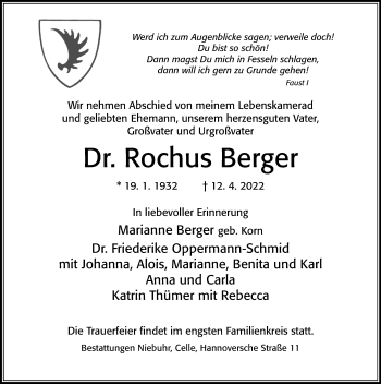 Traueranzeige von Rochus Berger von Cellesche Zeitung