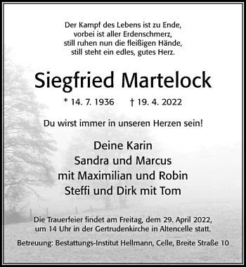 Traueranzeige von Siegfried Martelock von Cellesche Zeitung