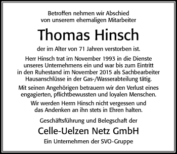 Traueranzeige von Thomas Hinsch von Cellesche Zeitung