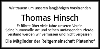 Traueranzeige von Thomas Hinsch von Cellesche Zeitung