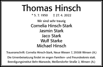 Traueranzeige von Thomas Hinsch von Cellesche Zeitung