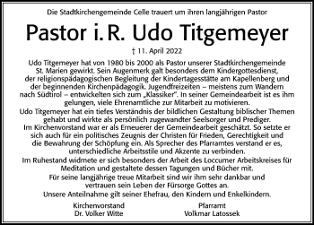 Traueranzeige von Udo Titgemeyer von Cellesche Zeitung