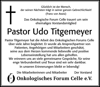 Traueranzeige von Udo Titgemeyer von Cellesche Zeitung