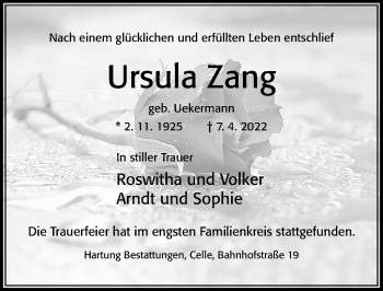 Traueranzeige von Ursula Zang von Cellesche Zeitung