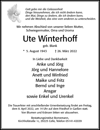 Traueranzeige von Ute Winterhoff von Cellesche Zeitung