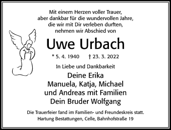 Traueranzeige von Uwe Urbach von Cellesche Zeitung