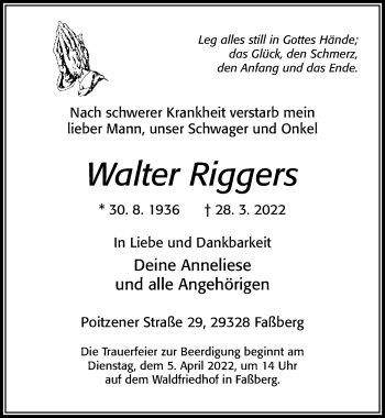 Traueranzeige von Walter Riggers von Cellesche Zeitung