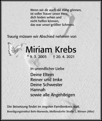 Traueranzeige von Miriam Krebs von Cellesche Zeitung