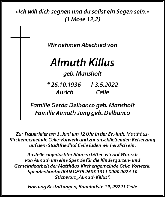 Traueranzeige von Almuth Killus von Cellesche Zeitung