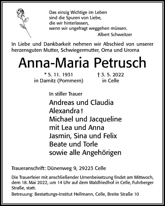 Traueranzeige von Anna-Maria Petrusch von Cellesche Zeitung