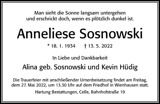 Traueranzeige von Anneliese Sosnowski von Cellesche Zeitung