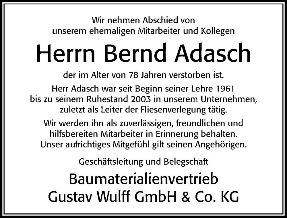  Traueranzeige für Bernd Adasch vom 21.05.2022 aus Cellesche Zeitung