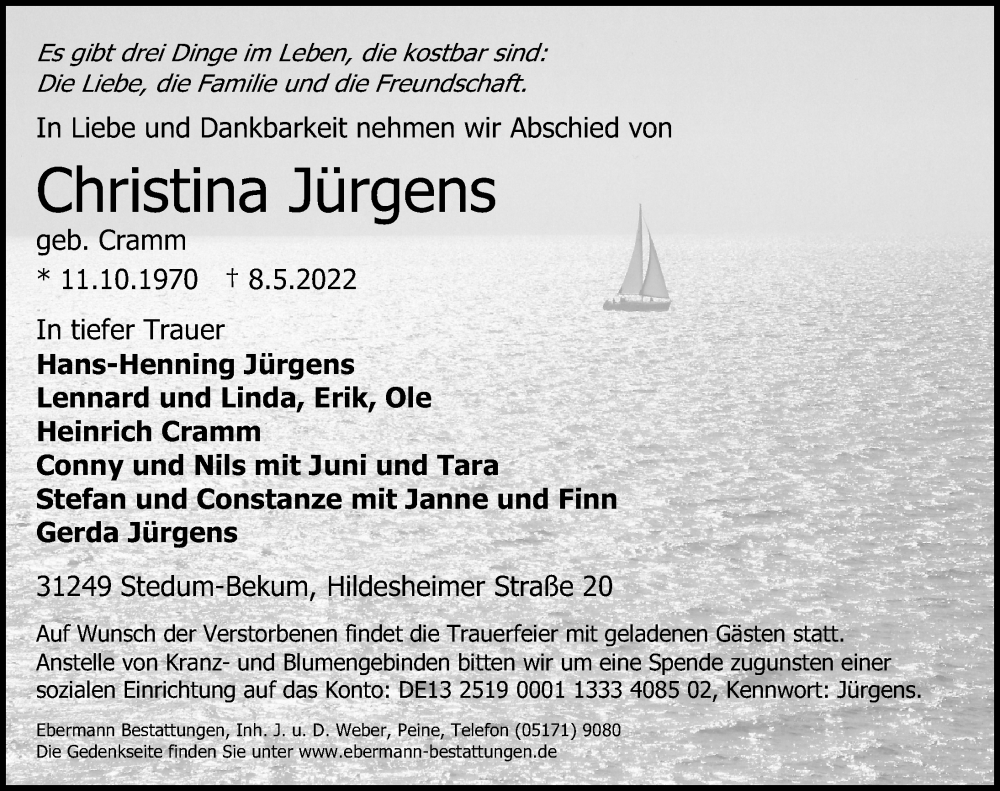  Traueranzeige für Christina Jürgens vom 14.05.2022 aus Cellesche Zeitung