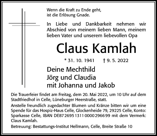 Traueranzeige von Claus Kamlah von Cellesche Zeitung