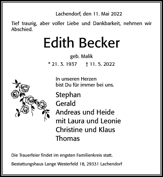 Traueranzeige von Edith Becker von Cellesche Zeitung