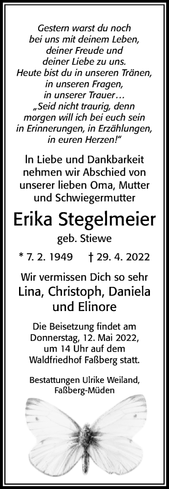 Traueranzeige von Erika Stegelmeier von Cellesche Zeitung