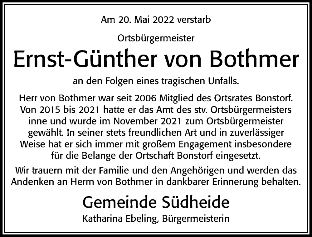  Traueranzeige für Ernst-Günther von Bothmer vom 28.05.2022 aus Cellesche Zeitung