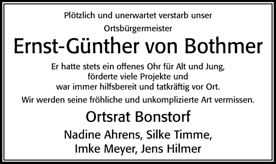 Traueranzeige von Ernst-Günther von Bothmer von Cellesche Zeitung