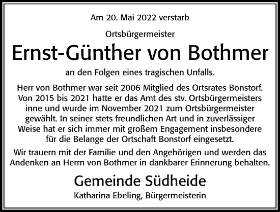 Traueranzeige von Ernst-Günther von Bothmer von Cellesche Zeitung