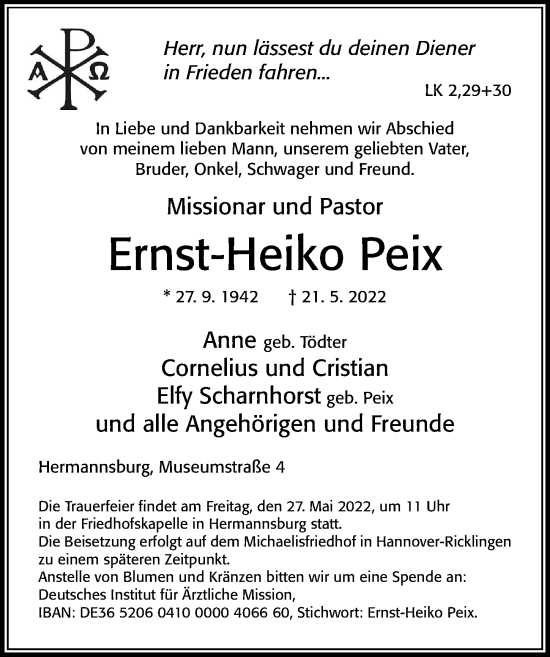 Traueranzeige von Ernst-Heiko Peix von Cellesche Zeitung