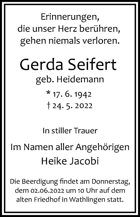 Traueranzeige von Gerda Seifert von Cellesche Zeitung