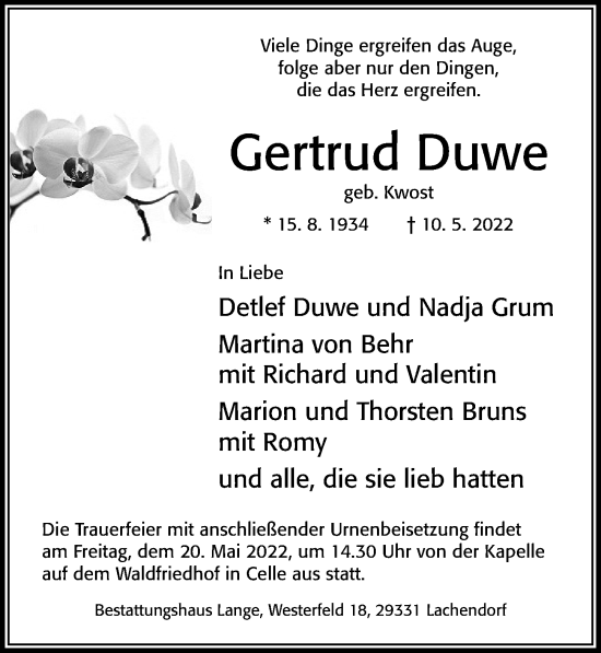 Traueranzeige von Gertrud Duwe von Cellesche Zeitung