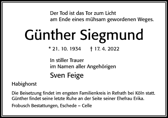 Traueranzeige von Günther Siegmund von Cellesche Zeitung