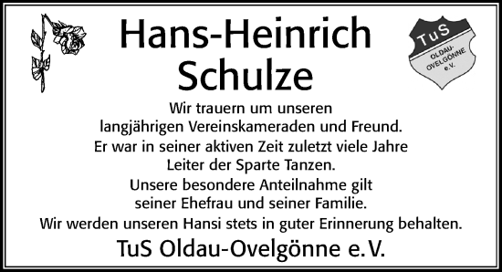 Traueranzeige von Hans-Heinrich Schulze von Cellesche Zeitung