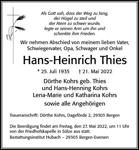 Traueranzeige von Hans-Heinrich Thies von Cellesche Zeitung