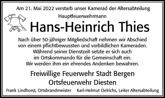 Traueranzeige von Hans-Heinrich Thies von Cellesche Zeitung