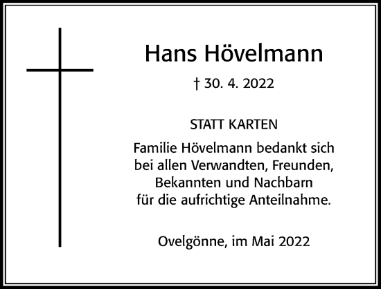 Traueranzeige von Hans Hövelmann von Cellesche Zeitung