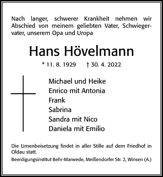 Traueranzeige von Hans Hövelmann von Cellesche Zeitung