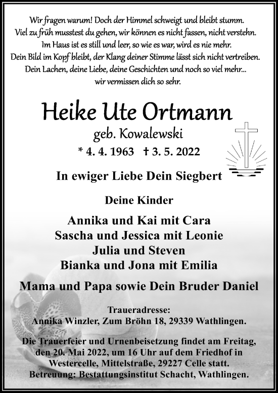Traueranzeige von Heike Ute Ortmann von Cellesche Zeitung