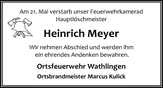 Traueranzeige von Heinrich Meyer von Cellesche Zeitung