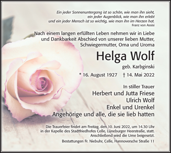Traueranzeige von Helga Wolf von Cellesche Zeitung