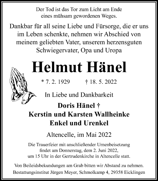 Traueranzeige von Helmut Hänel von Cellesche Zeitung