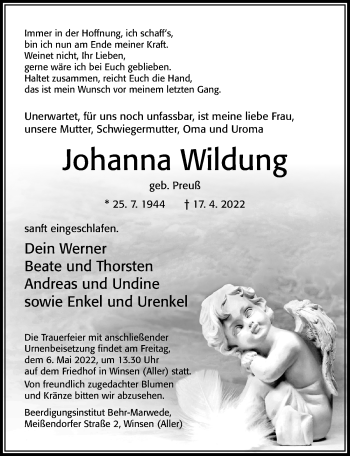 Traueranzeige von Johanna Wildung von Cellesche Zeitung