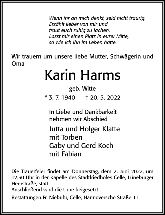 Traueranzeige von Karin Harms von Cellesche Zeitung
