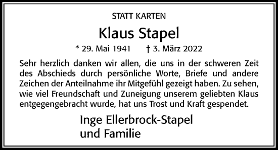 Traueranzeige von Klaus Stapel von Cellesche Zeitung